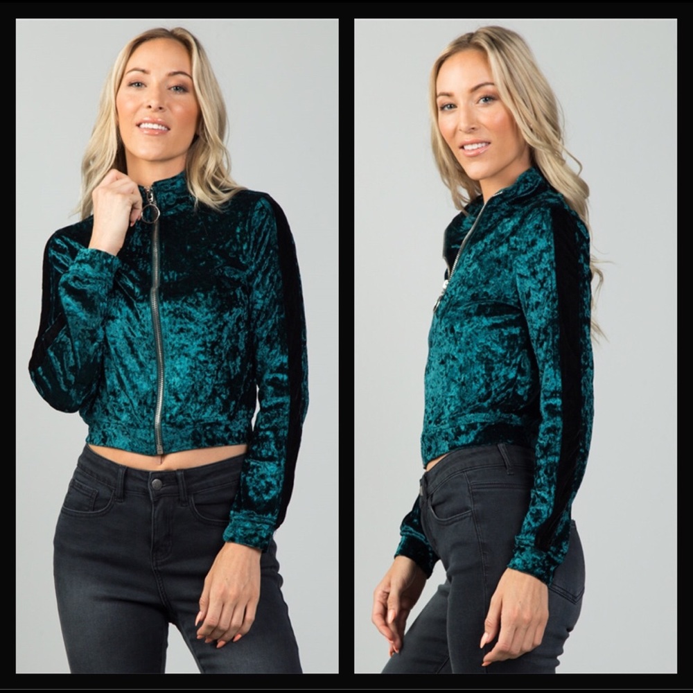 Green Velvet Zip Up Bomber Jacket - Picture 6 of 7